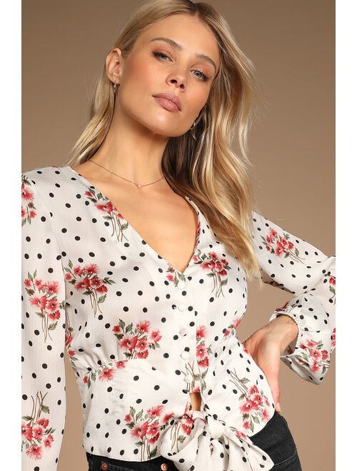 Lulus Doting Blooms White Floral Polka Dot Tie-Front Long Sleeve Top