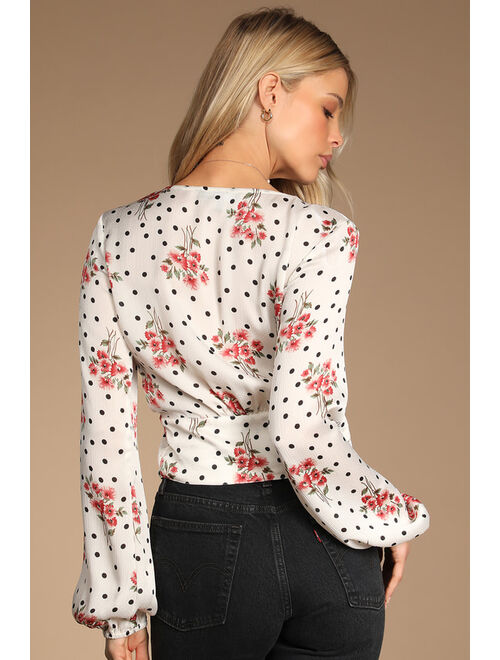 Lulus Doting Blooms White Floral Polka Dot Tie-Front Long Sleeve Top