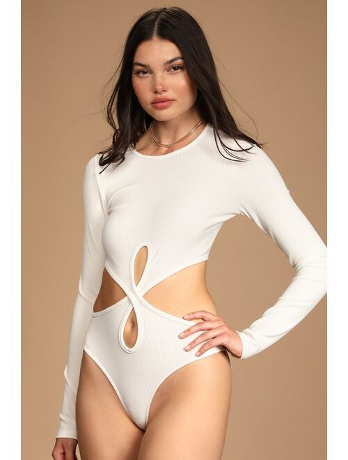 Lulus Bold Desires White Ribbed Cutout Long Sleeve Bodysuit