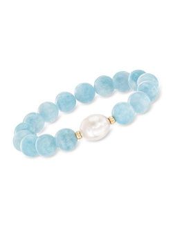 12-13mm Cultured Baroque Pearl and Milky Aquamarine Stretch Bracelet With 14kt Yellow Gold