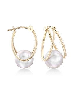 8-9mm Cultured Pearl Double-Hoop Earrings in 14kt Yellow Gold. 3/4