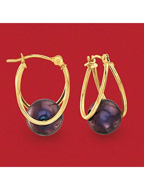 Ross-Simons 8-9mm Cultured Pearl Double-Hoop Earrings in 14kt Yellow Gold. 3/4