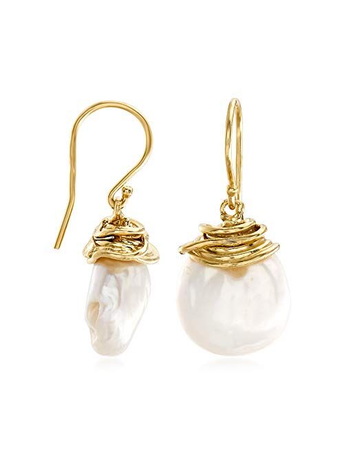 Ross-Simons 12-13mm Cultured Baroque Pearl Drop Earrings in 18kt Gold Over Sterling