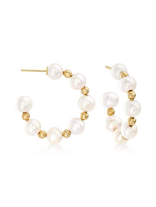 Ross-Simons 6-7mm Cultured Pearl Hoop Earrings in 14kt Yellow Gold