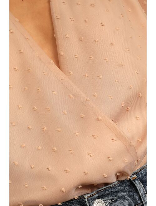 Lulus Dainty Dots Beige Swiss Dot Long Sleeve Bodysuit