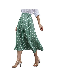 EXLURA Womens Pleated Skirt Polka Dot Elastic High Waist A-Line Midi Swing Skirt