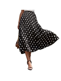 EXLURA Womens Pleated Skirt Polka Dot Elastic High Waist A-Line Midi Swing Skirt