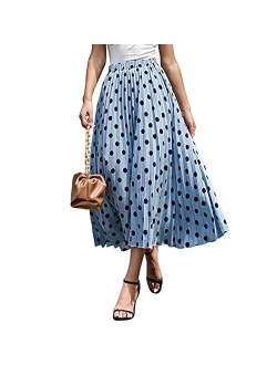 EXLURA Womens Pleated Skirt Polka Dot Elastic High Waist A-Line Midi Swing Skirt