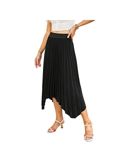 EXLURA Women's Asymmetrical Plisse Pleated Midi Skirt High Waist A-Line Flowy Skirt