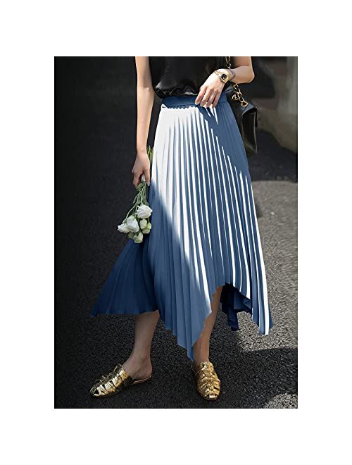 EXLURA Women's Asymmetrical Plisse Pleated Midi Skirt High Waist A-Line Flowy Skirt