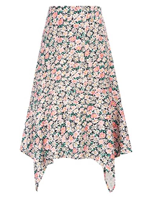 Kate Kasin High Waist Floral Ruffle Midi Skirt Casual Boho A Line Swing Asymmetrical Skirt