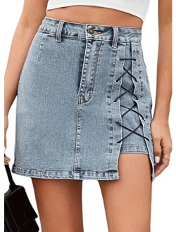 Women Lace Up Jean Bodycon Mini Skirt High Waist A Line Denim Pencil Skirt