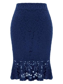 Womens Elastic Waist Wear to Work Lace Mermaid Pencil Skirt