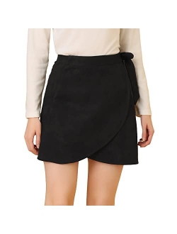 Women's Faux Suede Tie Waisted A-Line Wrap Mini Short Skirt