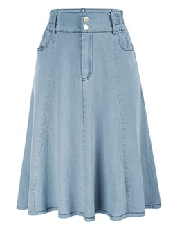 Flared Stretchy Midi Skirt High Waist Jersey Skirt for Women