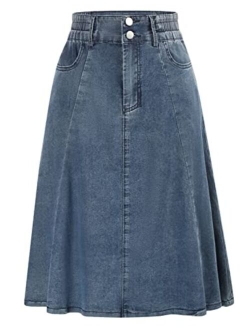 Flared Stretchy Midi Skirt High Waist Jersey Skirt for Women