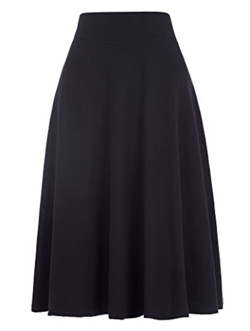 Kate Kasin Flared Stretchy Midi Skirt High Waist Jersey Skirt for Women