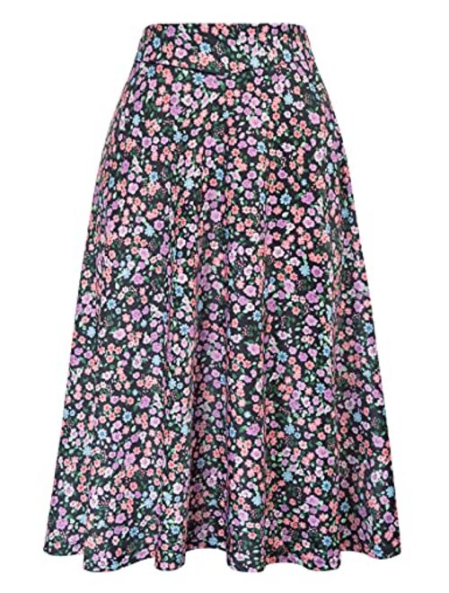 Kate Kasin Flared Stretchy Midi Skirt High Waist Jersey Skirt for Women