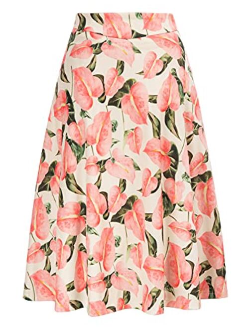 Kate Kasin Flared Stretchy Midi Skirt High Waist Jersey Skirt for Women