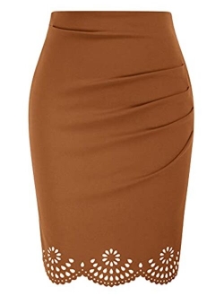 Womens Elegant Ruched Knee Length Slim Fit Business Skirt