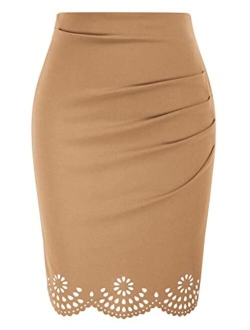 Womens Elegant Ruched Knee Length Slim Fit Business Skirt