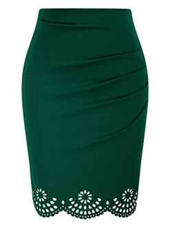 Womens Elegant Ruched Knee Length Slim Fit Business Skirt