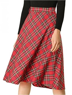 Women's Tartan Plaid High Waist Belted Vintage A-Line Midi Skirt