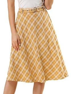 Women's Tartan Plaid High Waist Belted Vintage A-Line Midi Skirt