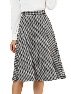 Women's Tartan Plaid High Waist Belted Vintage A-Line Midi Skirt