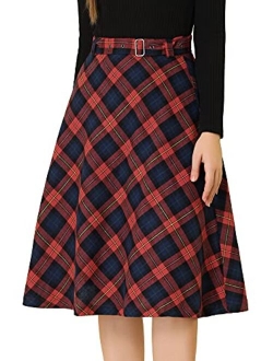 Women's Tartan Plaid High Waist Belted Vintage A-Line Midi Skirt