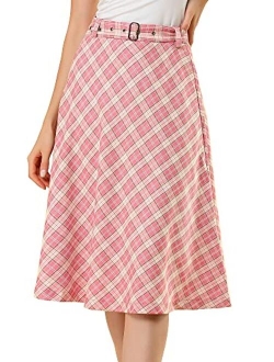 Women's Tartan Plaid High Waist Belted Vintage A-Line Midi Skirt