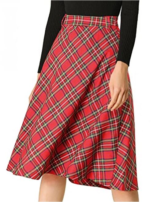 Allegra K Women's Tartan Plaid High Waist Belted Vintage A-Line Midi Skirt