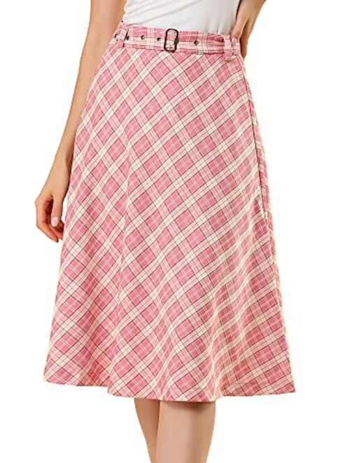 Allegra K Women's Tartan Plaid High Waist Belted Vintage A-Line Midi Skirt