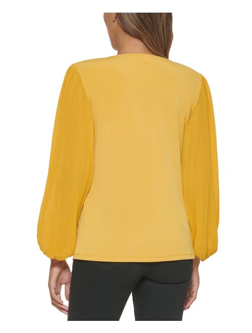 Calvin Klein Solid Pleated Long Sleeve Top