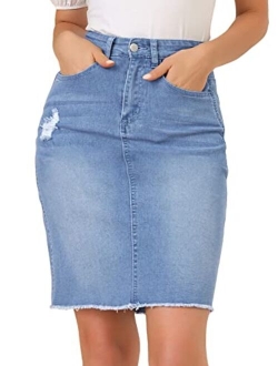 Women's Basic Distressed High Waist Ripped Hem Washed Jeans Denim Skirt