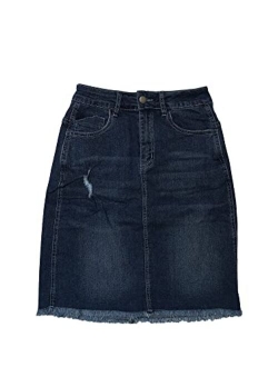 Women's Basic Distressed High Waist Ripped Hem Washed Jeans Denim Skirt