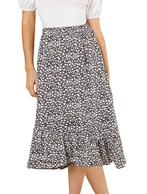 Allegra K Women's Floral Elastic Waist Ruffle High Low Hem Spring Vintage Skirt