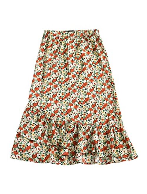 Allegra K Women's Floral Elastic Waist Ruffle High Low Hem Spring Vintage Skirt