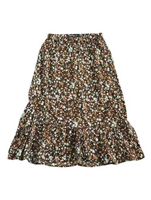 Allegra K Women's Floral Elastic Waist Ruffle High Low Hem Spring Vintage Skirt