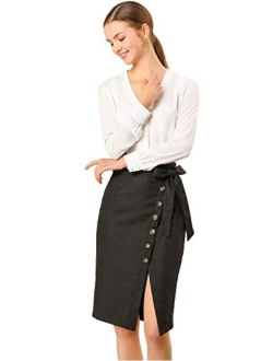 Women's Button Decor Split Belted Smocked Vintage Short Pencil Skirt