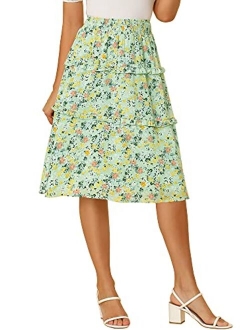 Women's Floral Skirts Smocked Elastic Waist Knee Length Ruffle Tiered Skirt