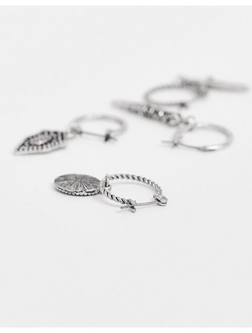 Reclaimed Vintage inspired hoop earring multipack in burnished silver with daggers and roman coins