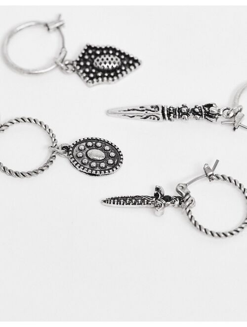 Reclaimed Vintage inspired hoop earring multipack in burnished silver with daggers and roman coins