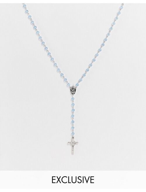 Reclaimed Vintage inspired unisex rosary necklace with cross in blue bead and silver