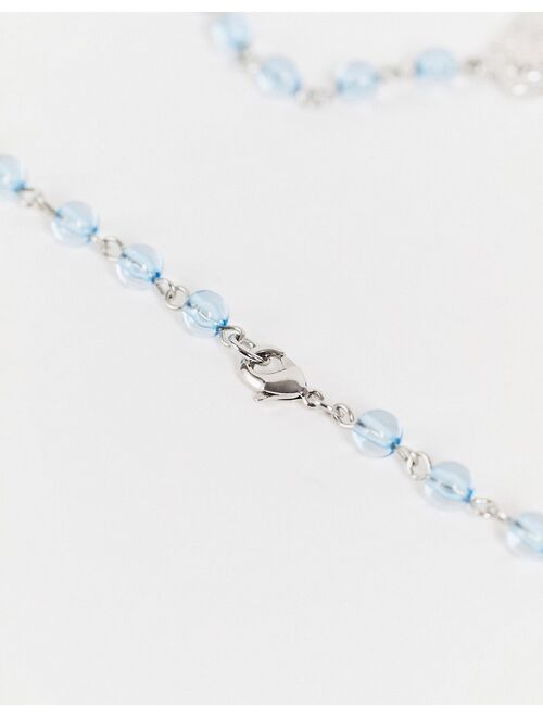 Reclaimed Vintage inspired unisex rosary necklace with cross in blue bead and silver