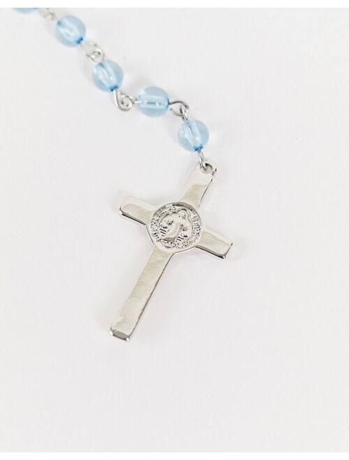 Reclaimed Vintage inspired unisex rosary necklace with cross in blue bead and silver