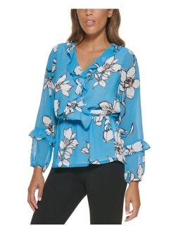 Floral Print Long Sleeve Faux Wrap Top