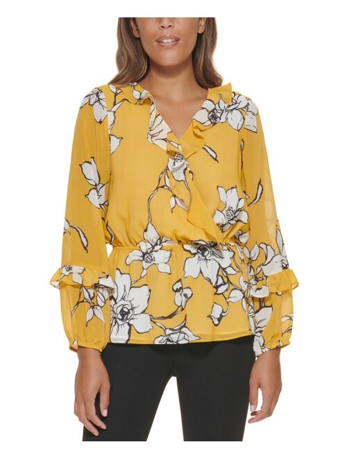 Calvin Klein Floral Print Long Sleeve Faux Wrap Top