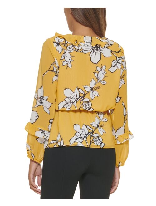 Calvin Klein Floral Print Long Sleeve Faux Wrap Top