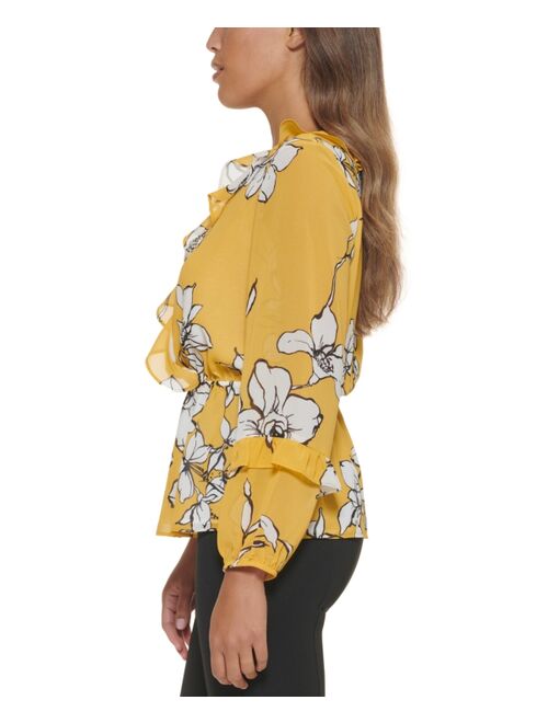 Calvin Klein Floral Print Long Sleeve Faux Wrap Top